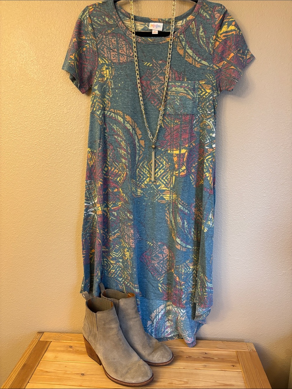 LuLaRoe CARLY Blue Short Sleeve T-Shirt Dress XS Yellow Purple Boho Print